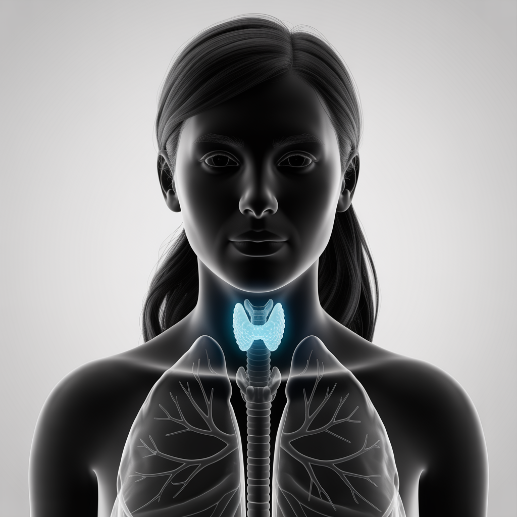 Anatomiczna ilustracja pokazująca położenie gruczołu tarczycy na szyi człowieka.
