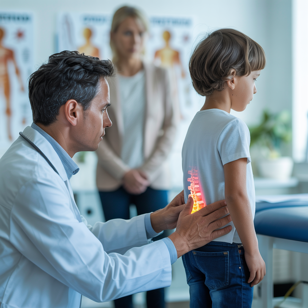 Lekarz ortopeda badający postawę dziecka w gabinecie – diagnostyka wad kręgosłupa.