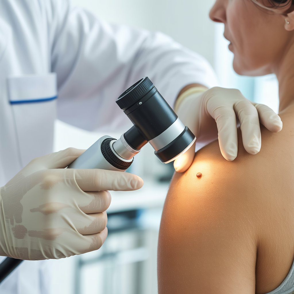 Lekarz dermatolog badający pieprzyk pacjenta za pomocą dermatoskopu – badanie znamion.