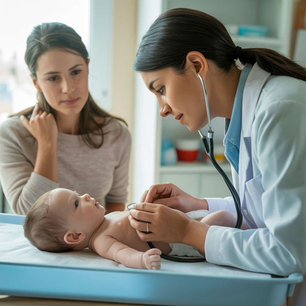 Lekarz pediatra przeprowadza badanie kwalifikacyjne dziecka przed obowiązkowym szczepieniem.